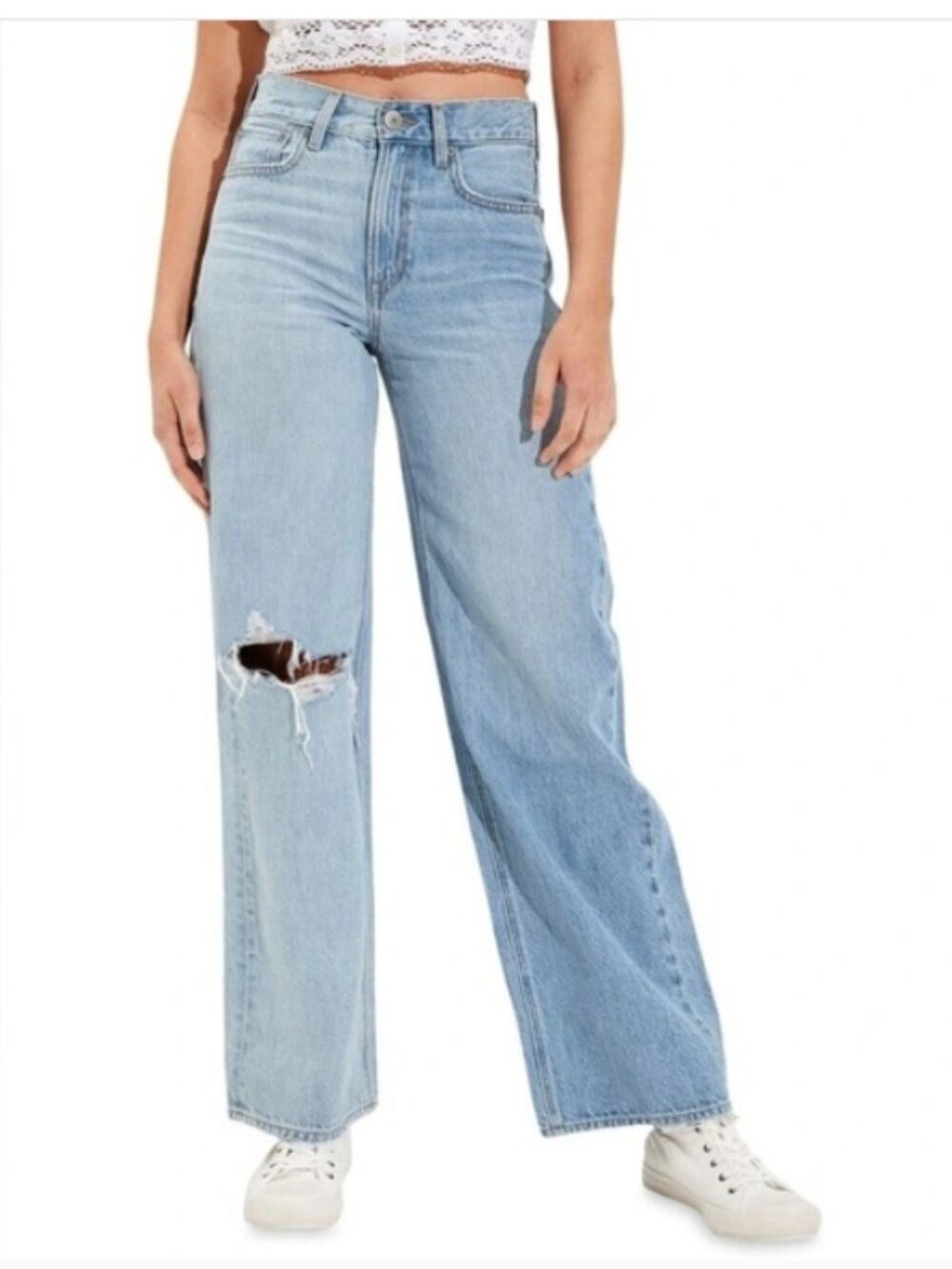 NWT American Eagle Skater Light Wash Wide Leg Jeans Size 18 Baggy Busted Knee